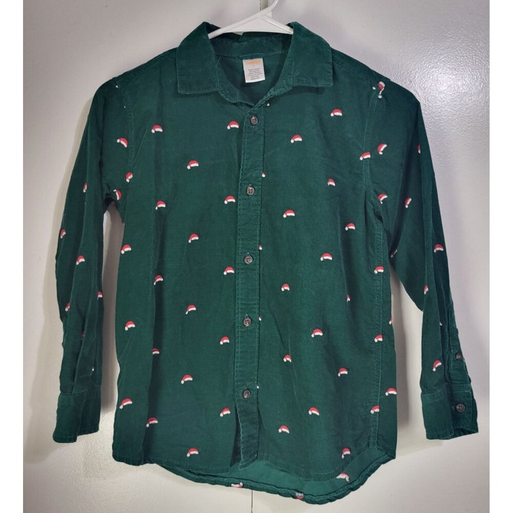 GYMBOREE Boys 4 Santa Hat Corduroy Button Up Dress Shirt Green Holiday Christmas - Picture 1 of 7